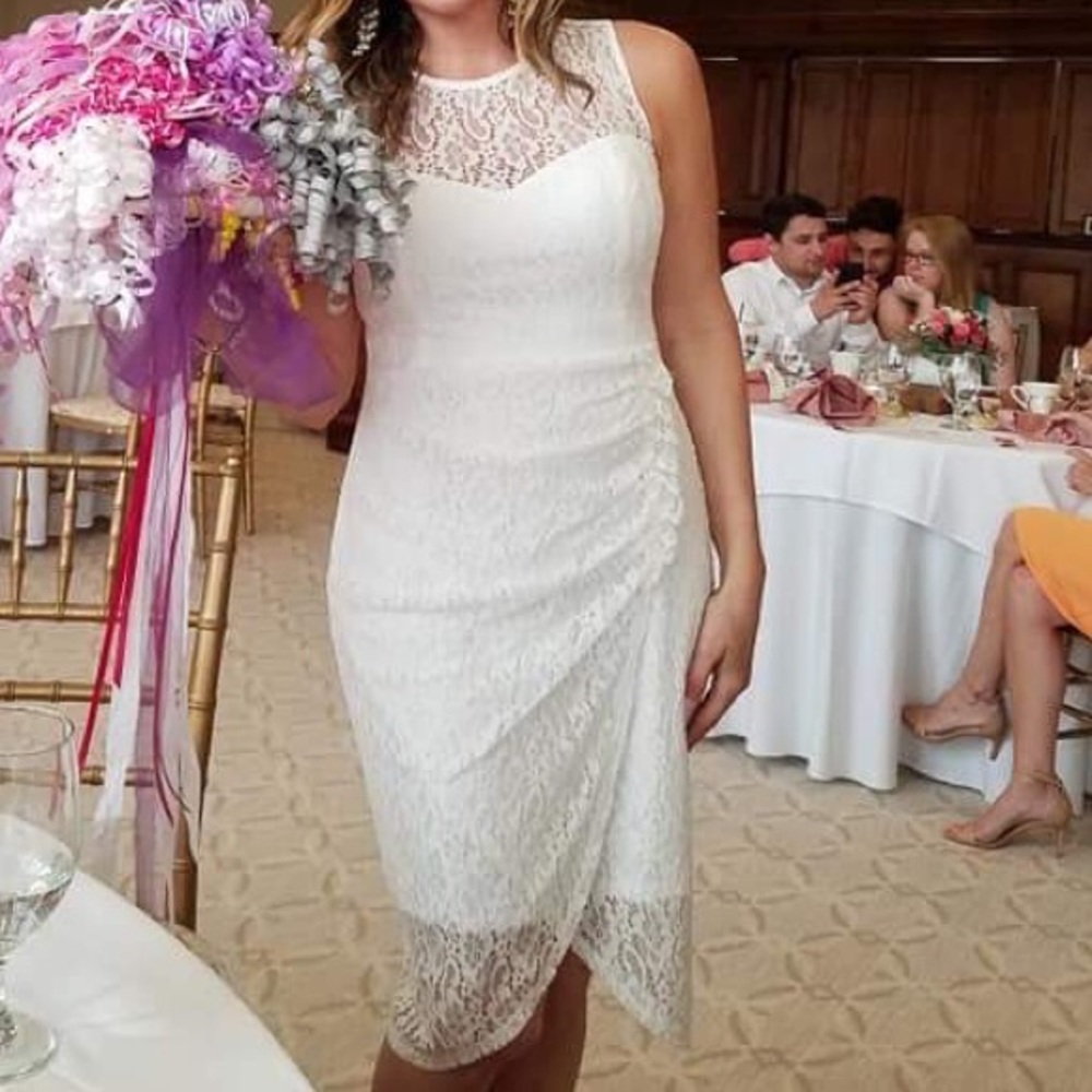 Bebe lace sleeveless white dress with wrap overlay